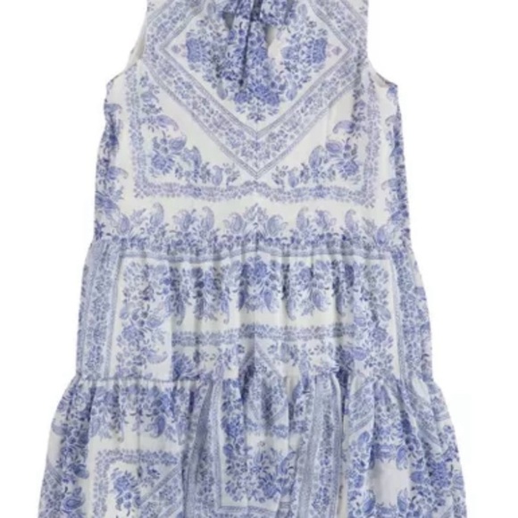 Calvin Klein blue and white drop waist tiered dress. Delft blue. Halter with tie - Picture 3 of 14